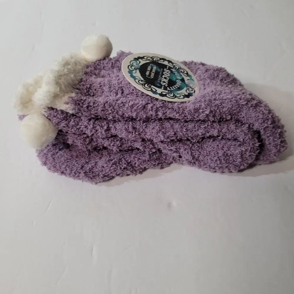Charming Purple & White Pom-Pom Trim Cozy Socks